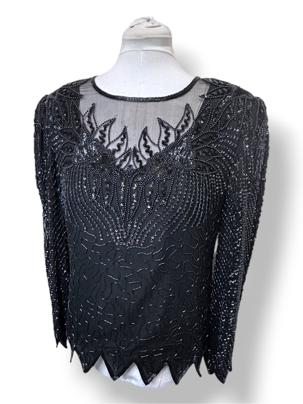 Denise Elle Women’s Long Sleeve Beaded Silk Evening Blouse VTG 80s Black L